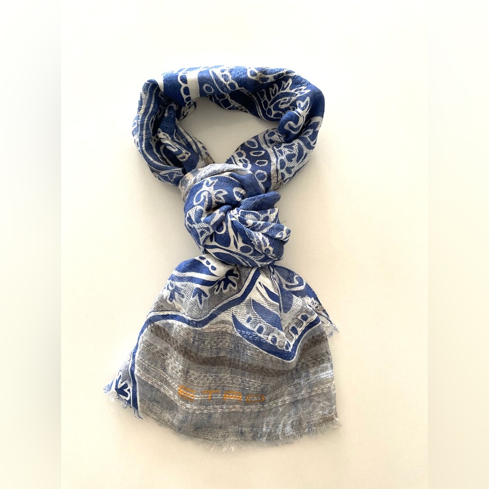 Etro Blue White Taupe Paisley Scarf